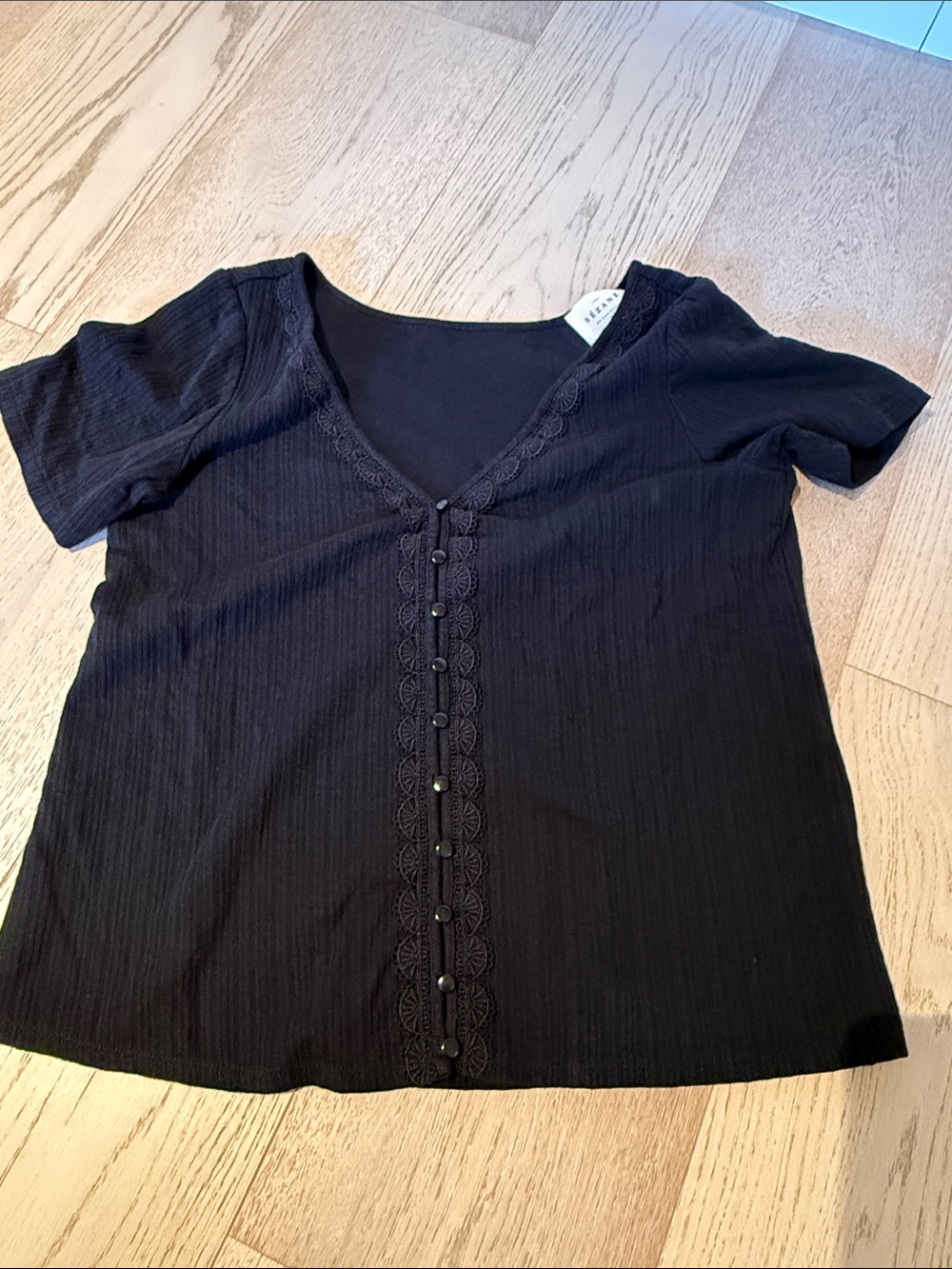 cezanne Black Short-Sleeve Button Front Top with Scalloped Trim